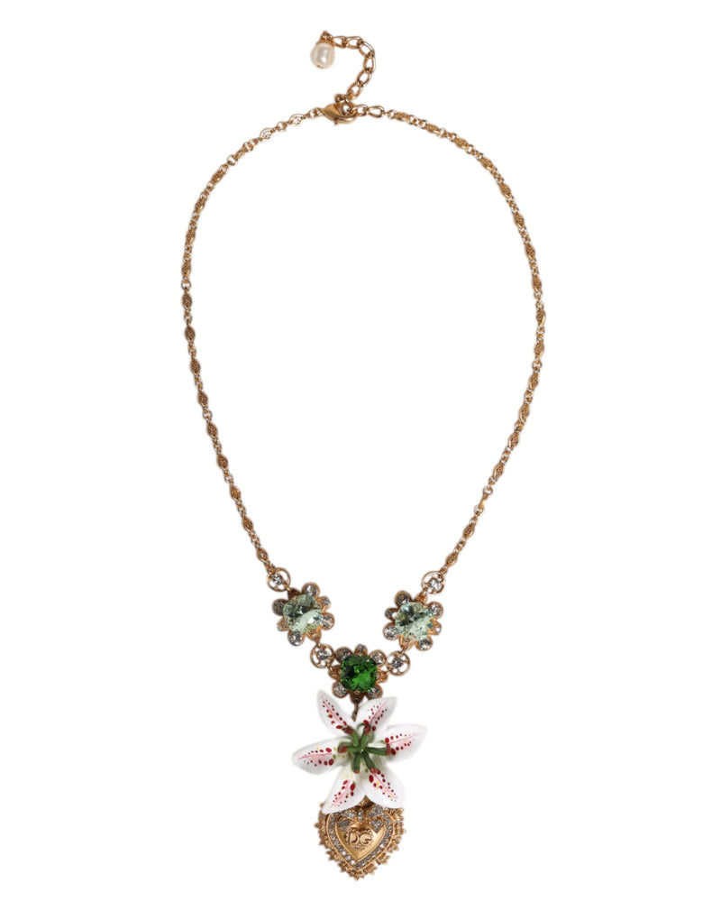 Gold Brass Lily Crystal Sacred Heart Pendant Necklace-Dolce & Gabbana-LabelTerrace.com