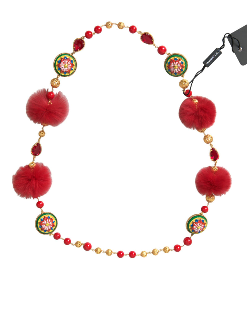 Gold Brass Red Fur Crystal Carretto Chain Necklace-Dolce & Gabbana-LabelTerrace.com