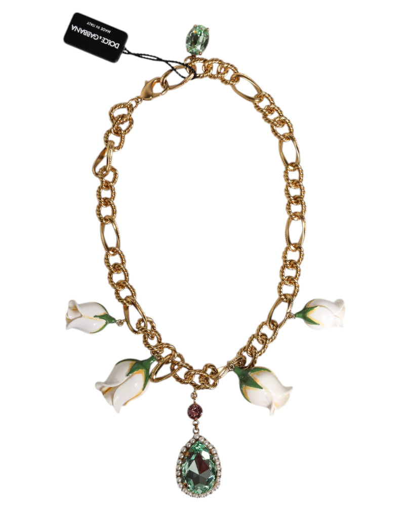 Gold Brass Short Chain Flower Crystal Pendant Necklace-Dolce & Gabbana-LabelTerrace.com
