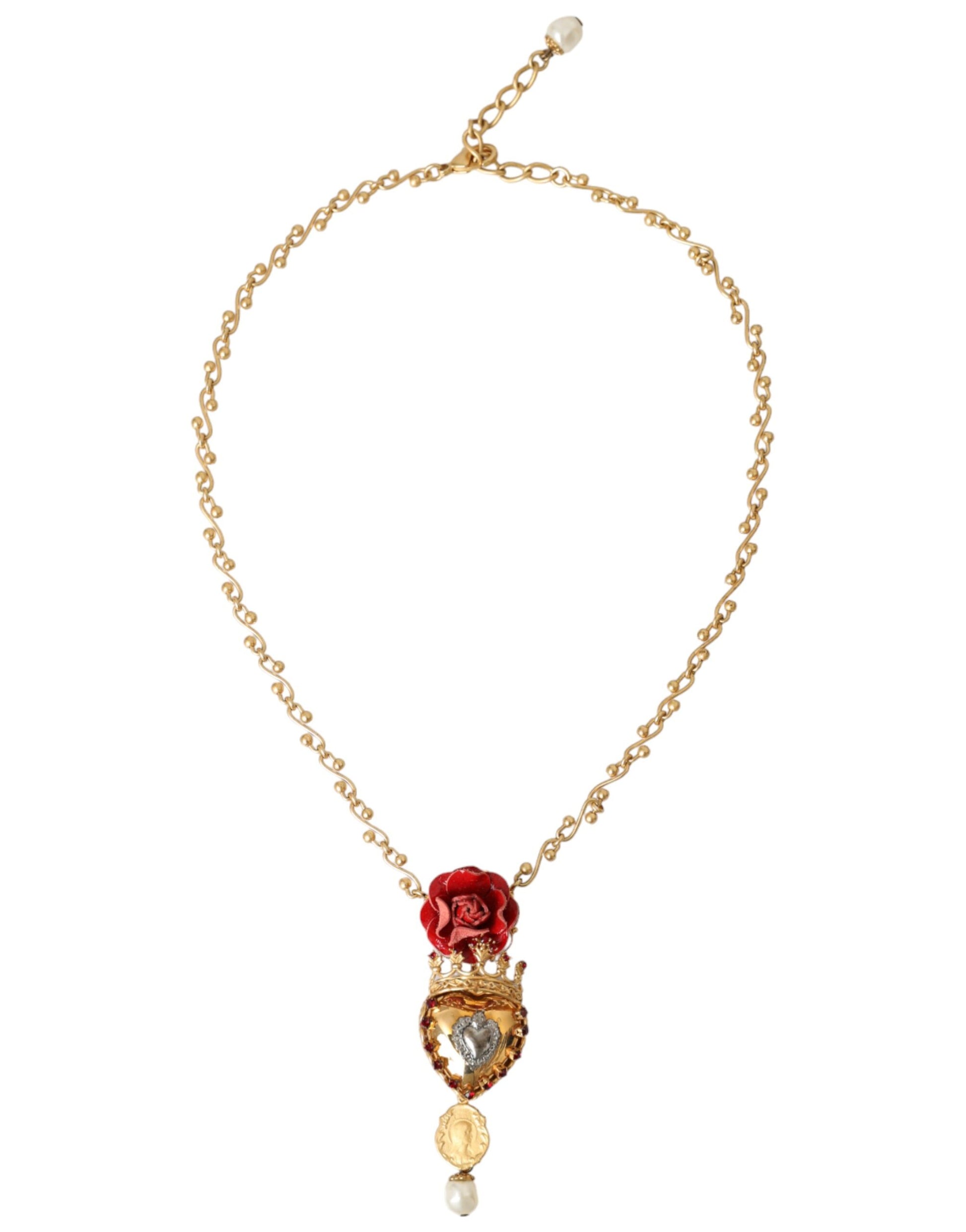 Gold BrassChain Sacred Heart Rose Crystal Charm Necklace-Dolce & Gabbana-LabelTerrace.com