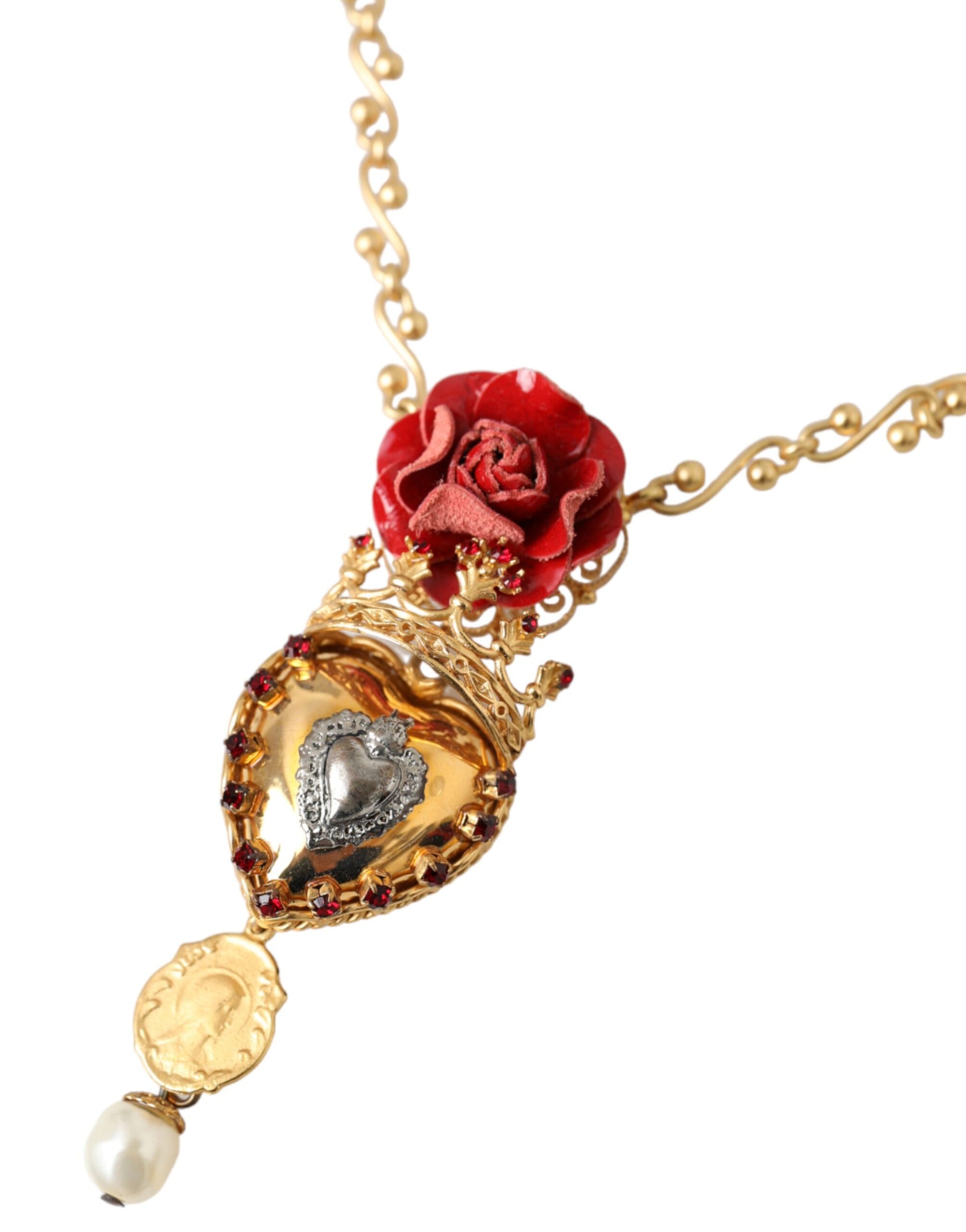 Gold BrassChain Sacred Heart Rose Crystal Charm Necklace-Dolce & Gabbana-LabelTerrace.com