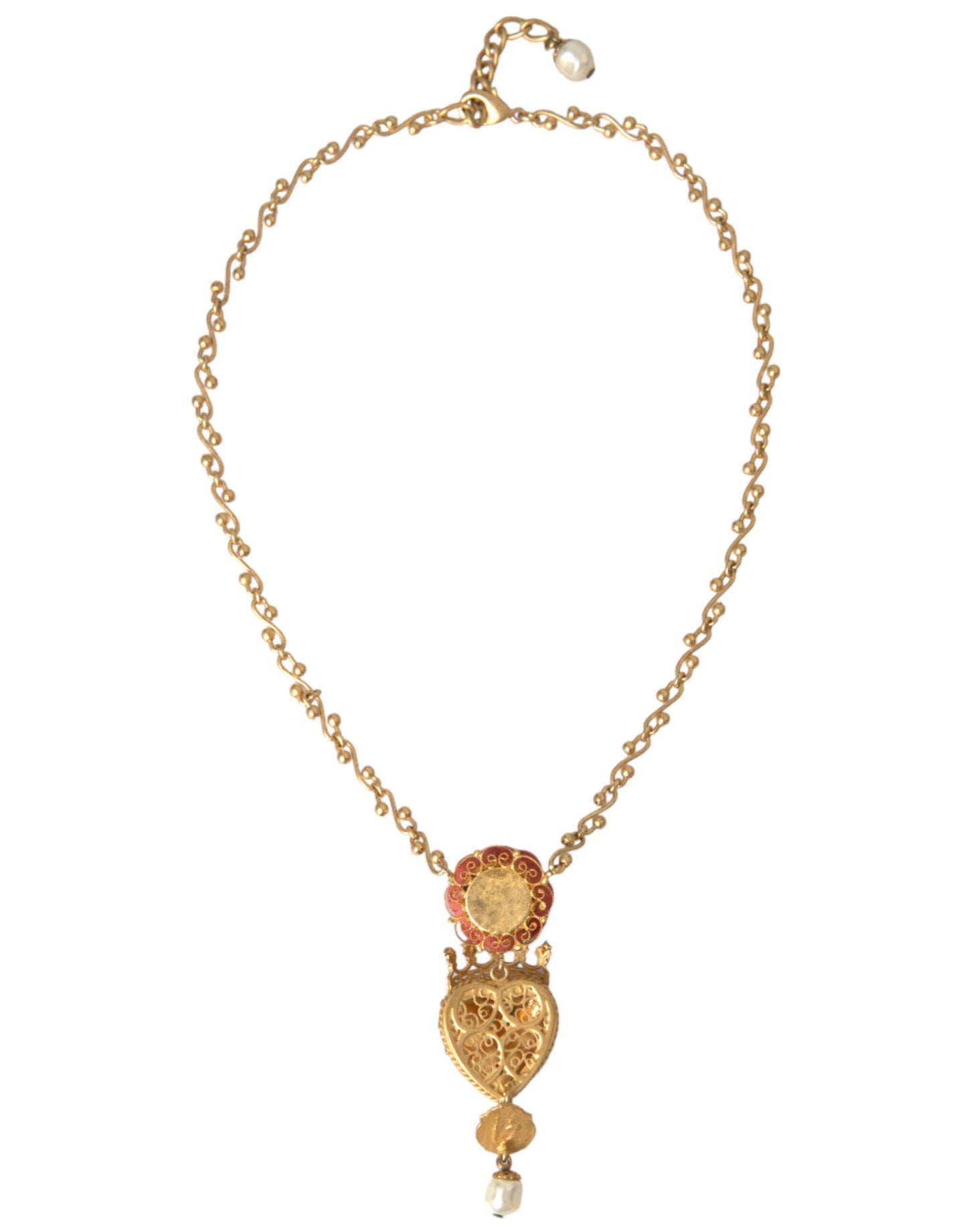 Gold BrassChain Sacred Heart Rose Crystal Charm Necklace-Dolce & Gabbana-LabelTerrace.com