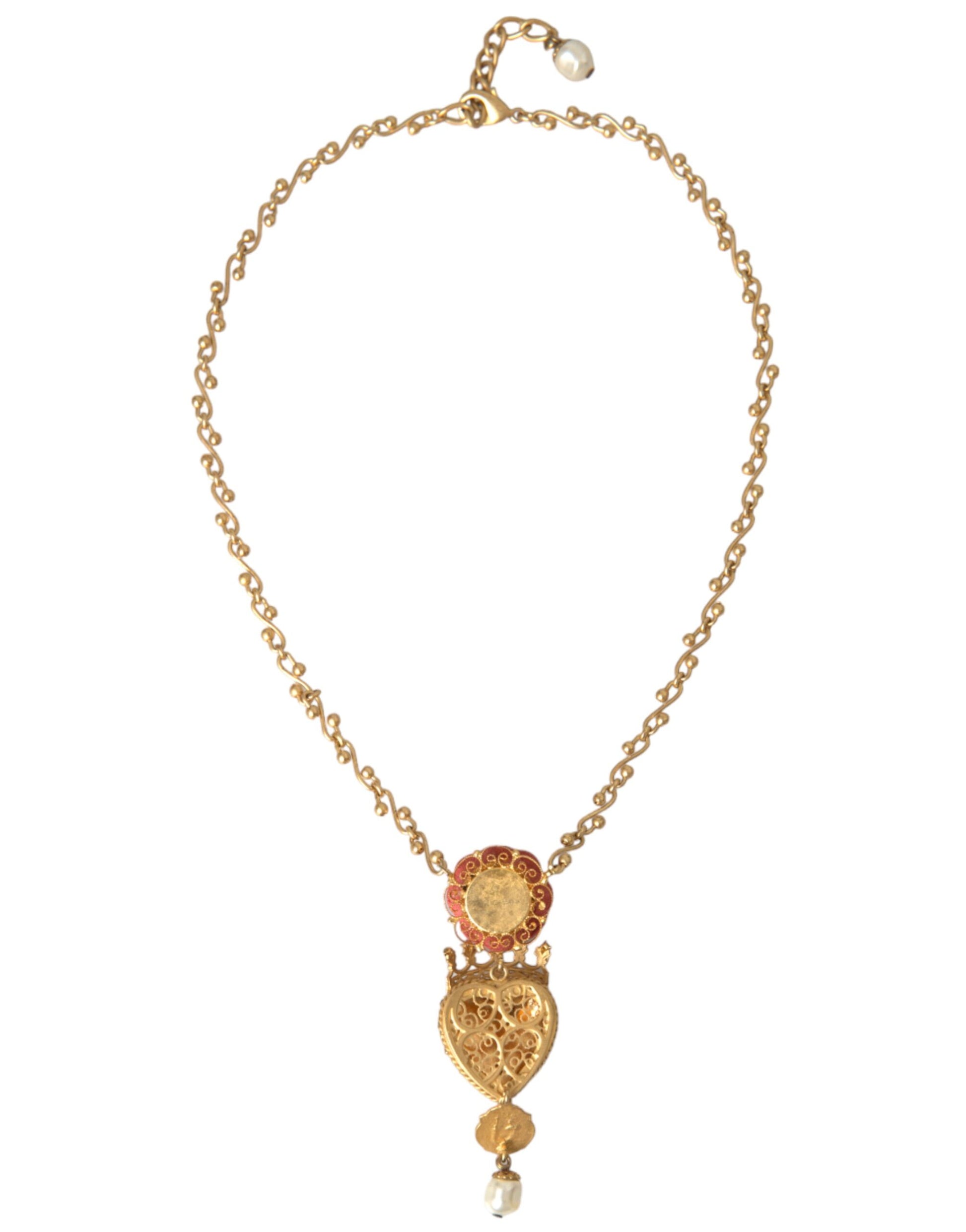Gold BrassChain Sacred Heart Rose Crystal Charm Necklace-Dolce & Gabbana-LabelTerrace.com