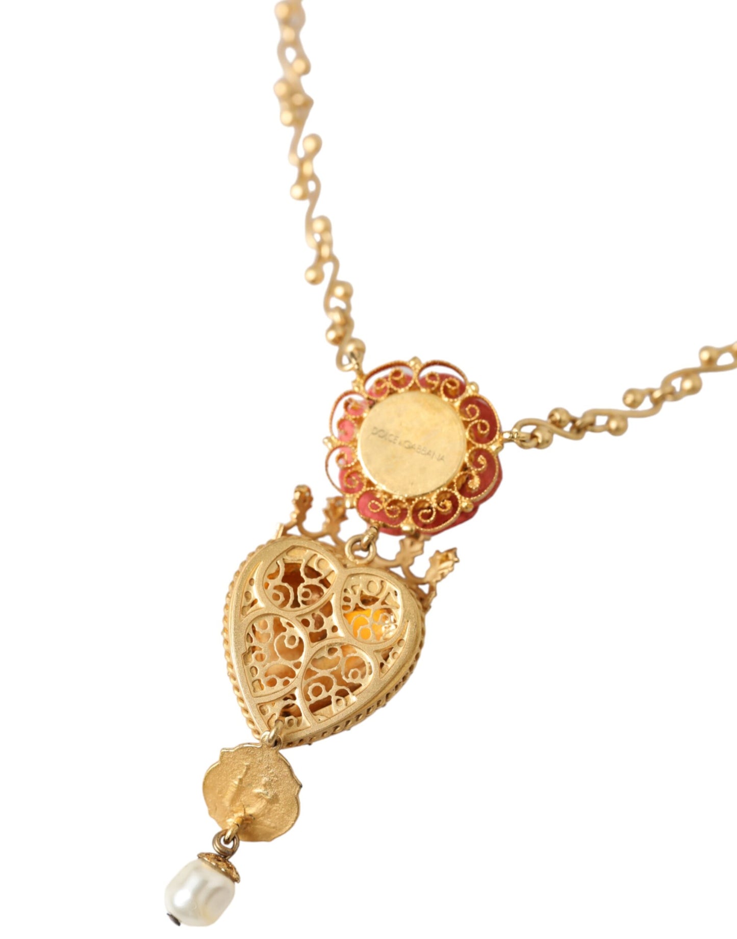 Gold BrassChain Sacred Heart Rose Crystal Charm Necklace-Dolce & Gabbana-LabelTerrace.com