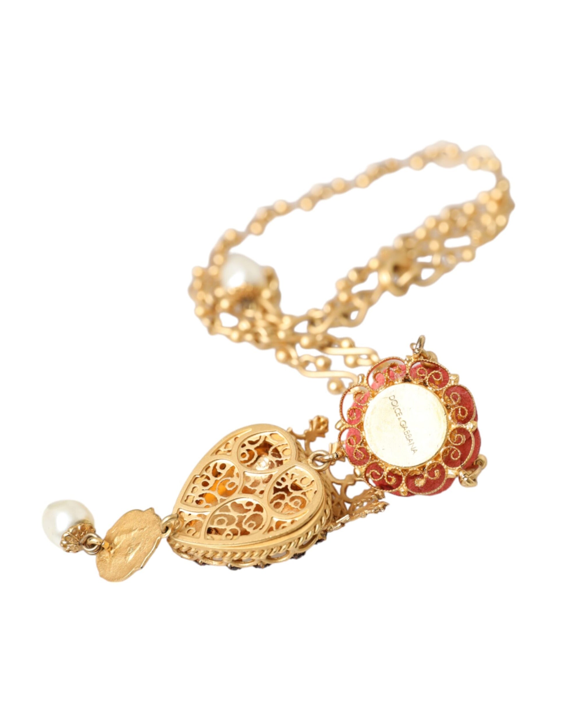 Gold BrassChain Sacred Heart Rose Crystal Charm Necklace-Dolce & Gabbana-LabelTerrace.com