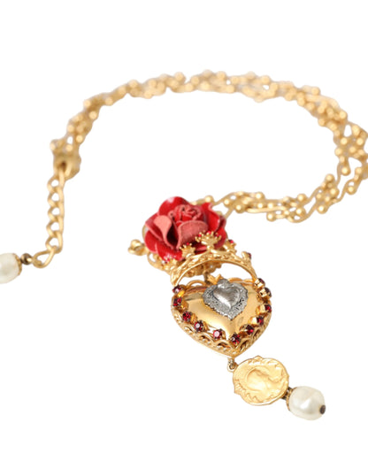 Gold BrassChain Sacred Heart Rose Crystal Charm Necklace-Dolce & Gabbana-LabelTerrace.com