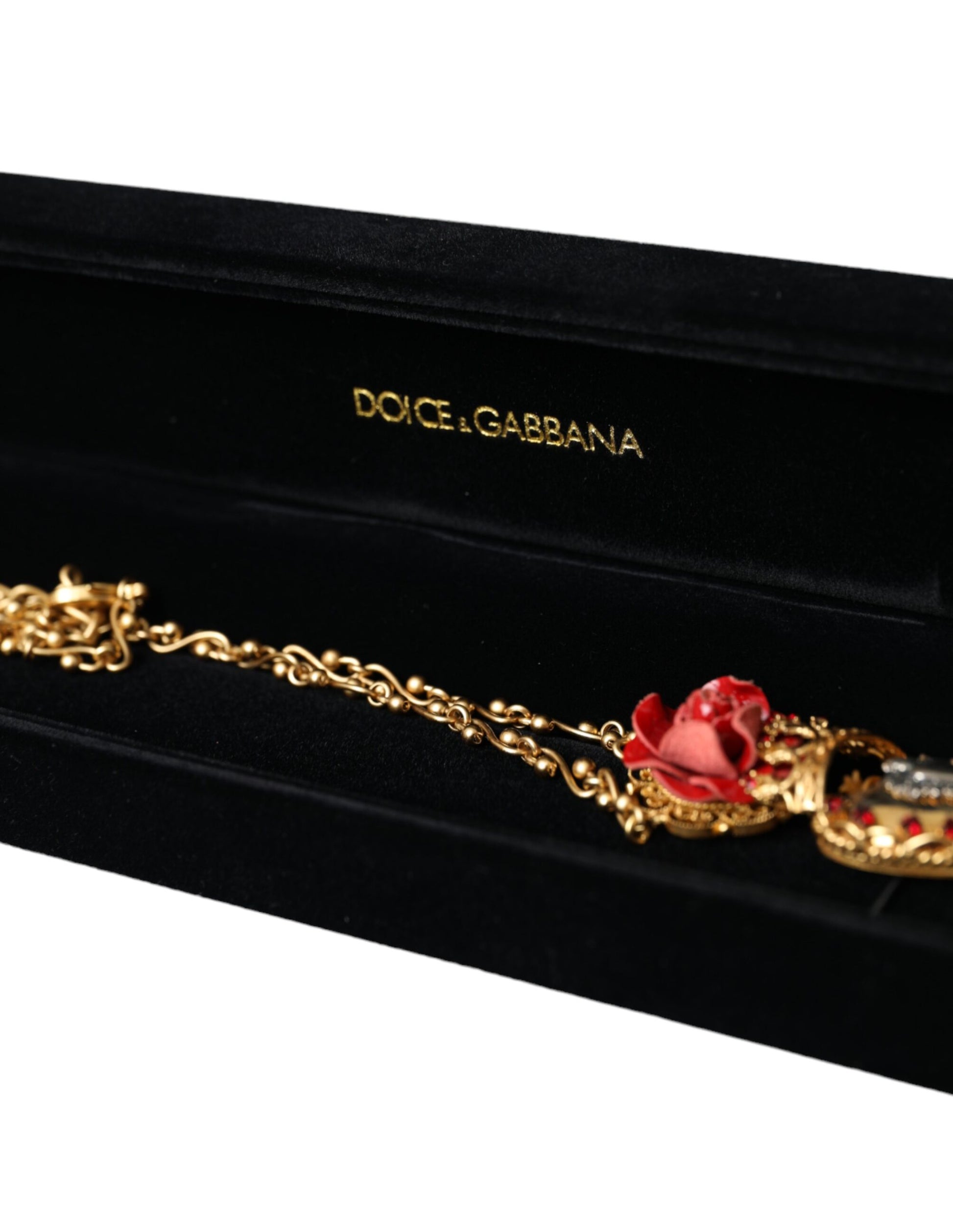 Gold BrassChain Sacred Heart Rose Crystal Charm Necklace-Dolce & Gabbana-LabelTerrace.com