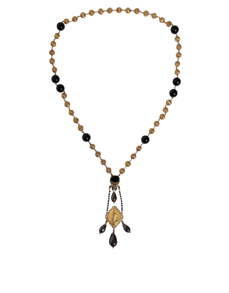 Gold Chain Brass Black Beaded Rosary Style Necklace-Dolce & Gabbana-LabelTerrace.com