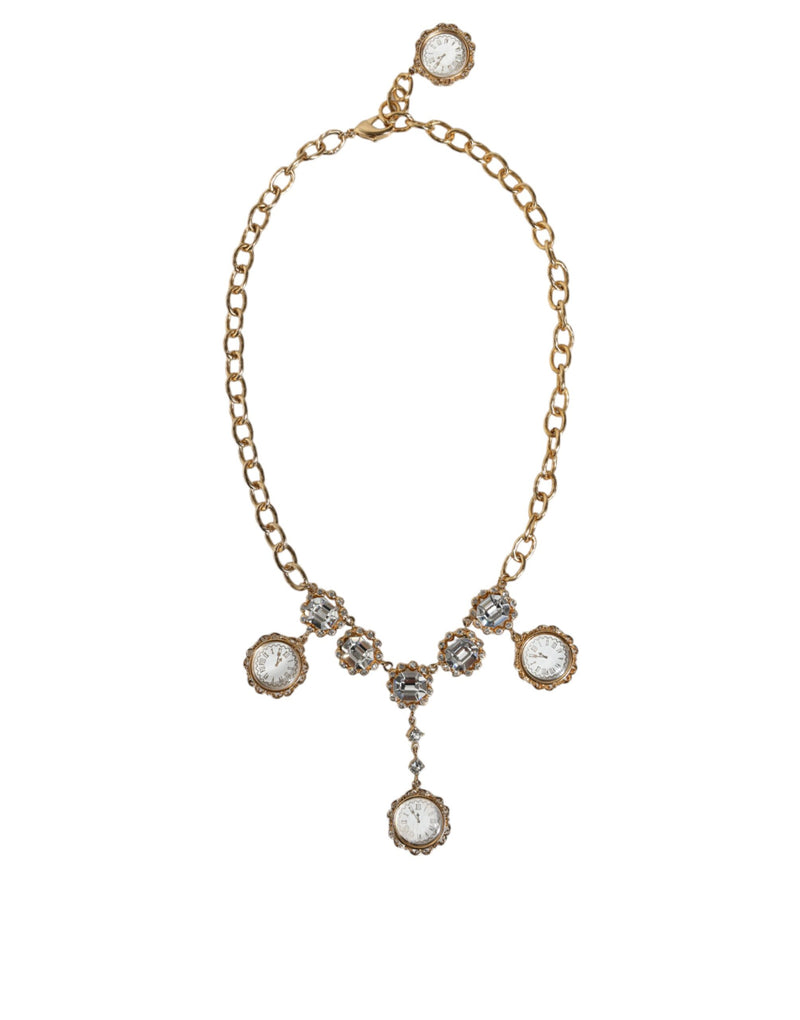 Gold Chain Brass Crystal Clock Statement Necklace-Dolce & Gabbana-LabelTerrace.com