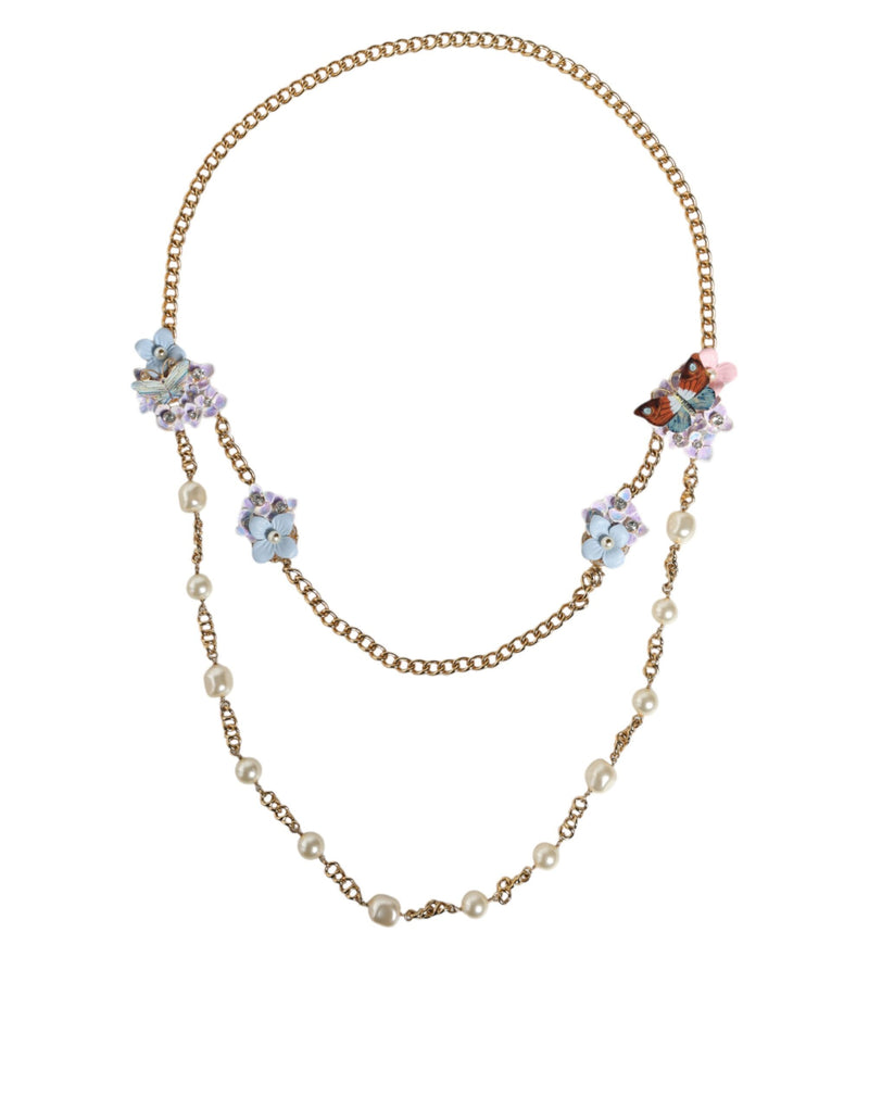 Gold Chain Brass Floral Layered Crystal Pearl Necklace-Dolce & Gabbana-LabelTerrace.com