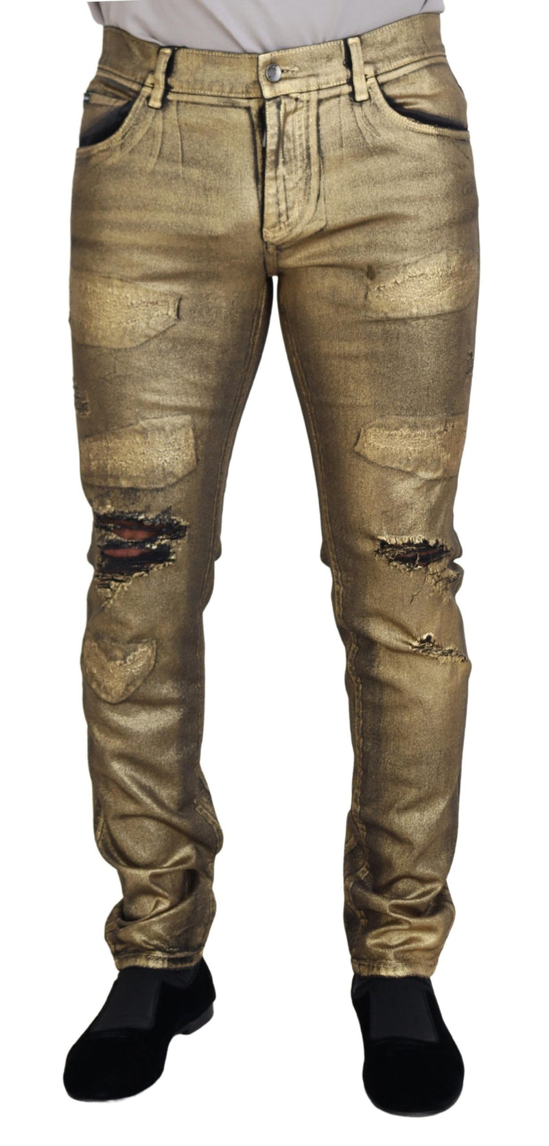 Gold Cotton Tattered Skinny Men Denim Jeans-Dolce & Gabbana-LabelTerrace.com