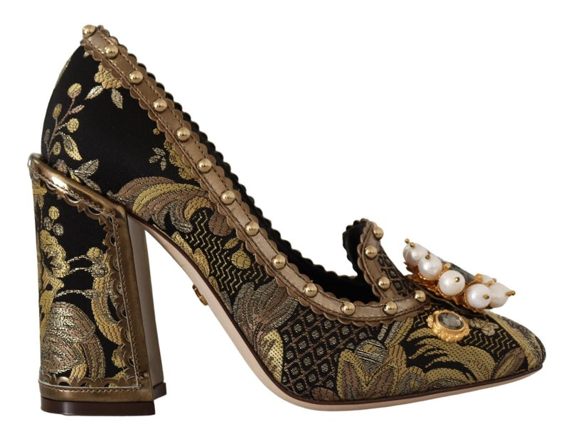 Gold Crystal Square Toe Brocade Pumps Shoes-Dolce & Gabbana-LabelTerrace.com