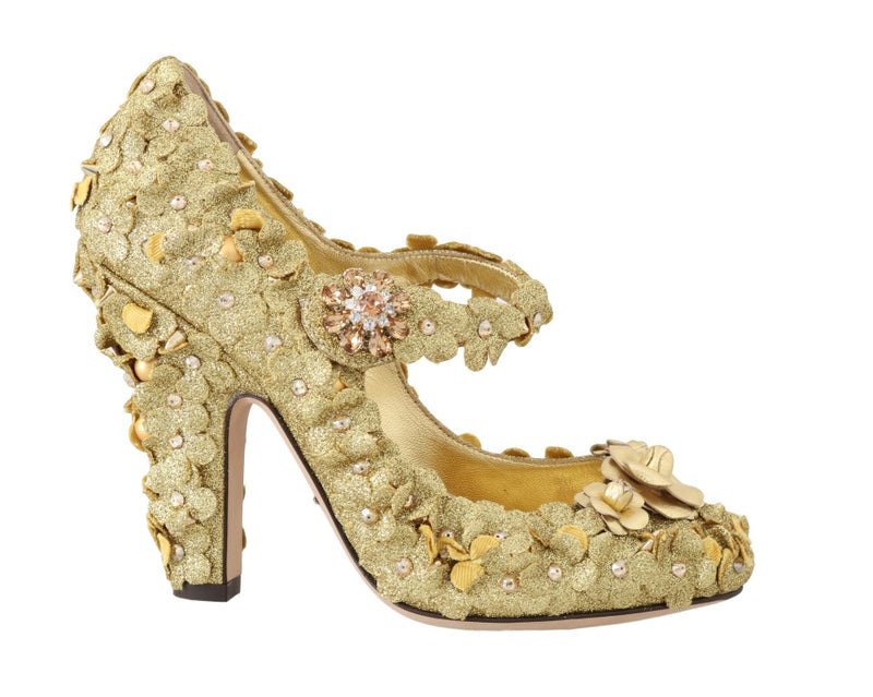 Gold Floral Crystal Mary Janes Pumps-Dolce & Gabbana-LabelTerrace.com
