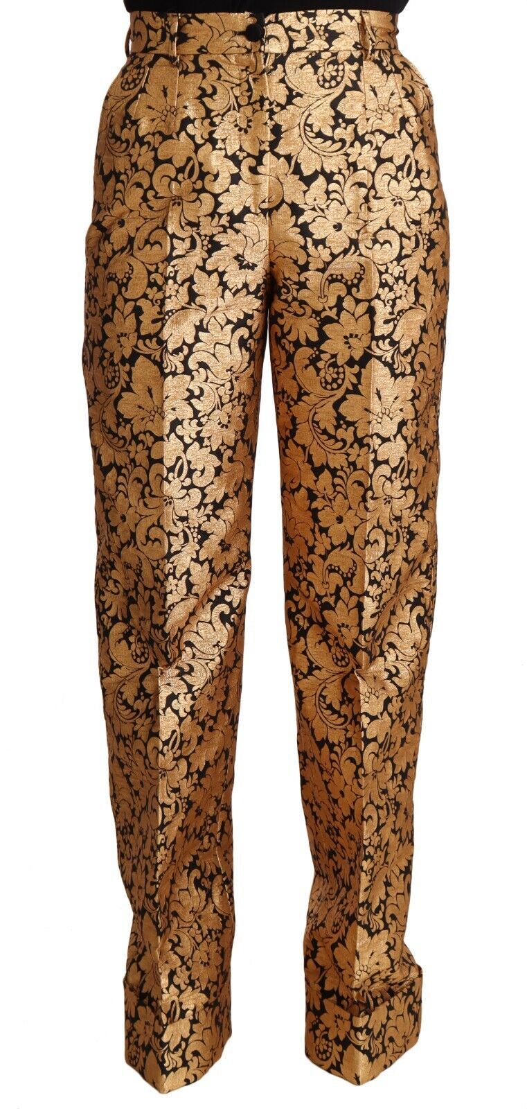 Gold Floral Jacquard Straight Polyester Pants-Dolce & Gabbana-LabelTerrace.com
