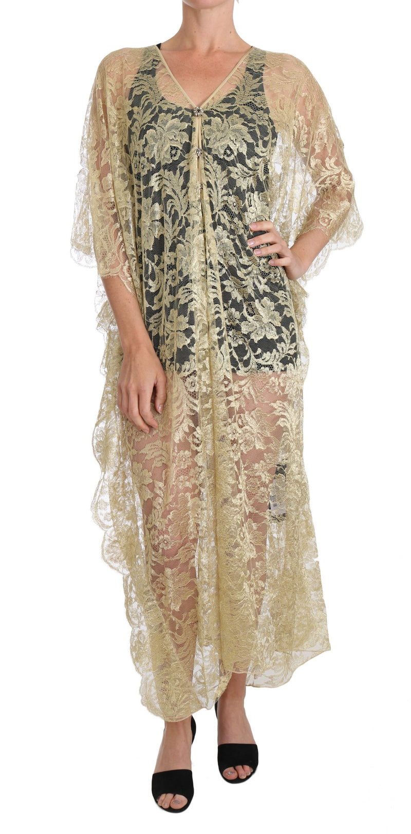 Gold Floral Lace Crystal Gown Cape Dress-Dolce & Gabbana-LabelTerrace.com