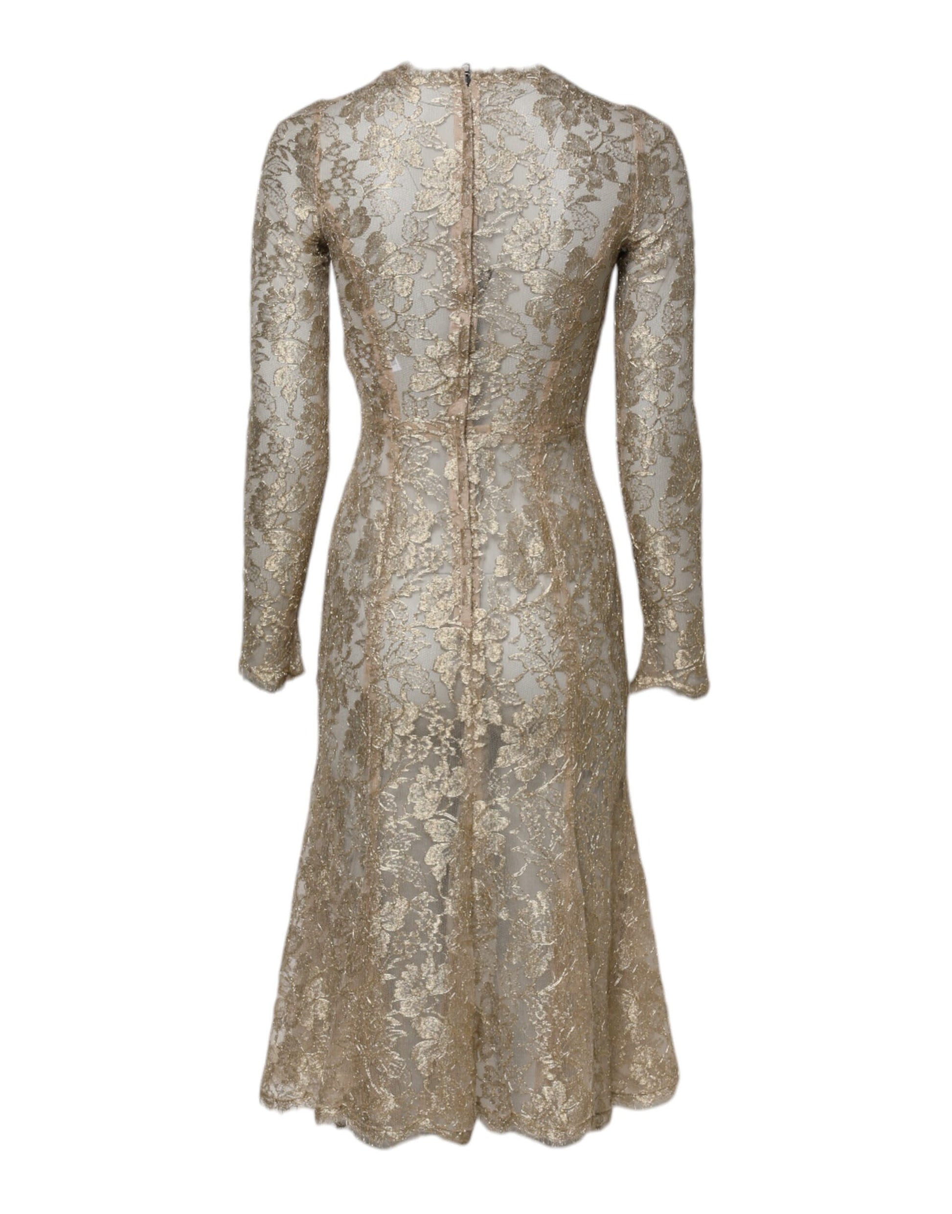 Gold Floral Lace Long Sleeves Fit & Flare Dress-Dolce & Gabbana-LabelTerrace.com