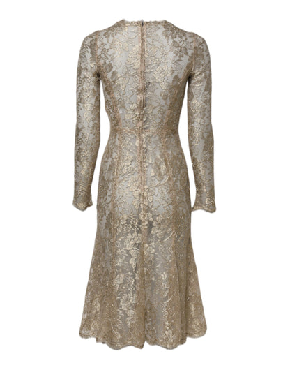 Gold Floral Lace Long Sleeves Fit & Flare Dress-Dolce & Gabbana-LabelTerrace.com