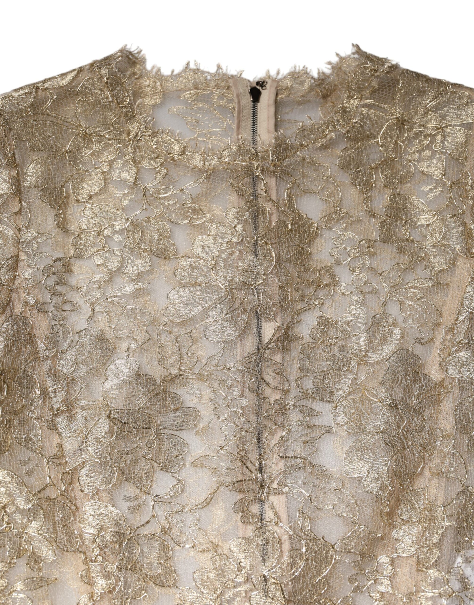 Gold Floral Lace Long Sleeves Fit & Flare Dress-Dolce & Gabbana-LabelTerrace.com