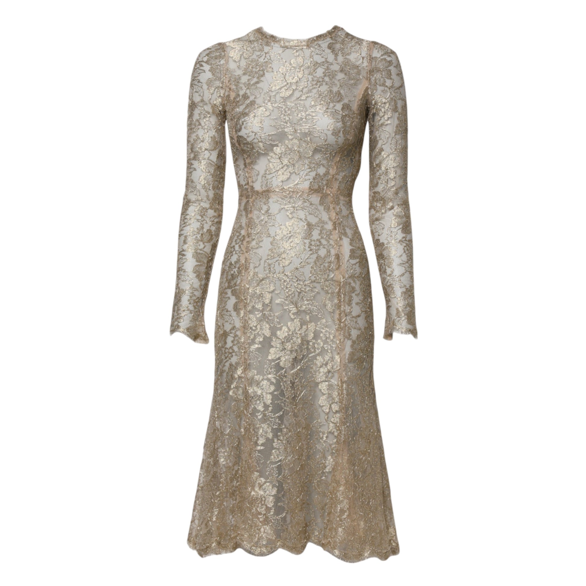 Gold Floral Lace Long Sleeves Fit & Flare Dress-Dolce & Gabbana-LabelTerrace.com