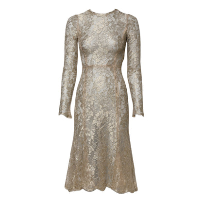 Gold Floral Lace Long Sleeves Fit & Flare Dress-Dolce & Gabbana-LabelTerrace.com