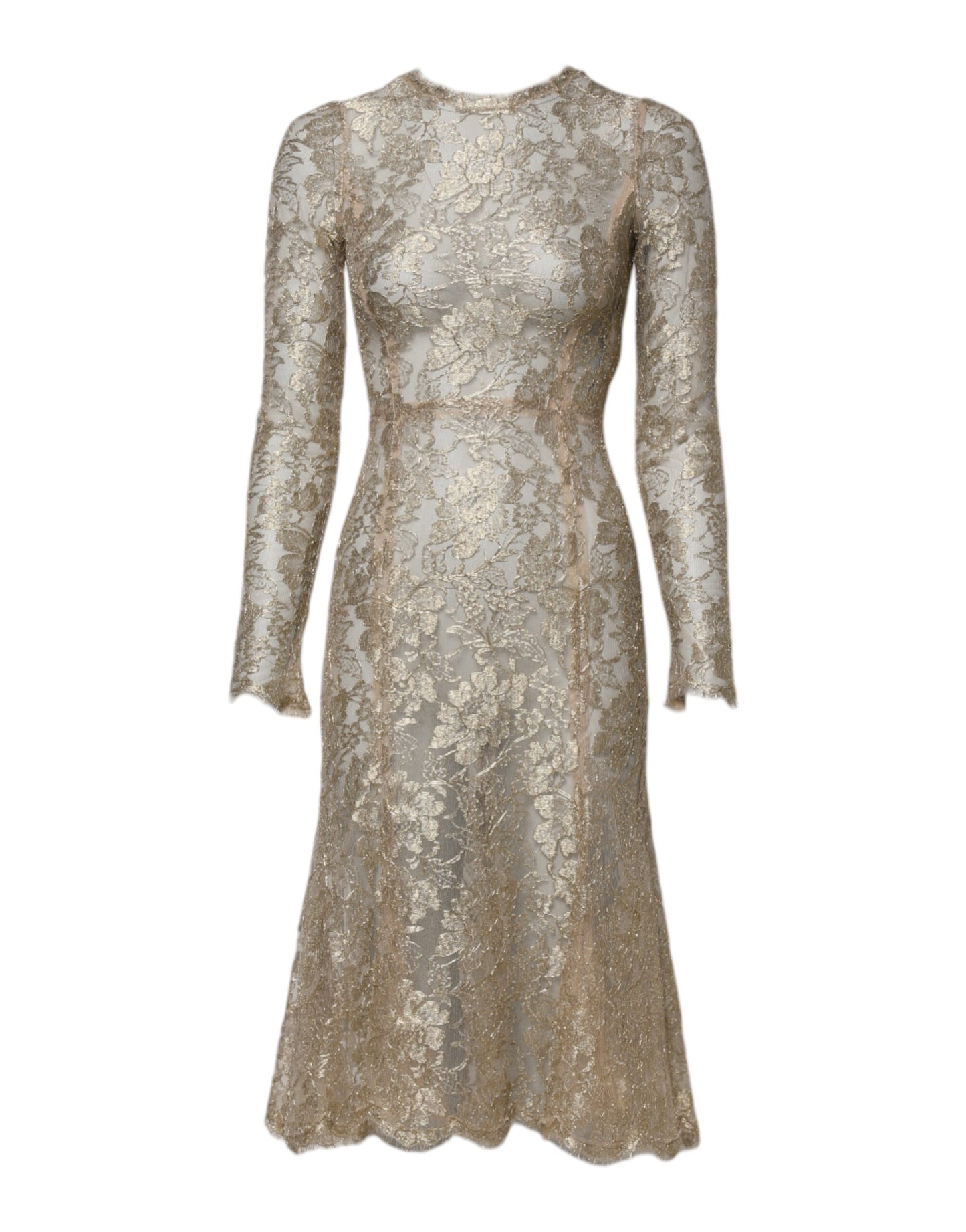 Gold Floral Lace Long Sleeves Fit & Flare Dress-Dolce & Gabbana-LabelTerrace.com