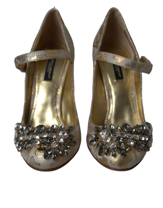 Gold Jacquard Crystal Mary Janes Pumps Shoes-Dolce & Gabbana-LabelTerrace.com
