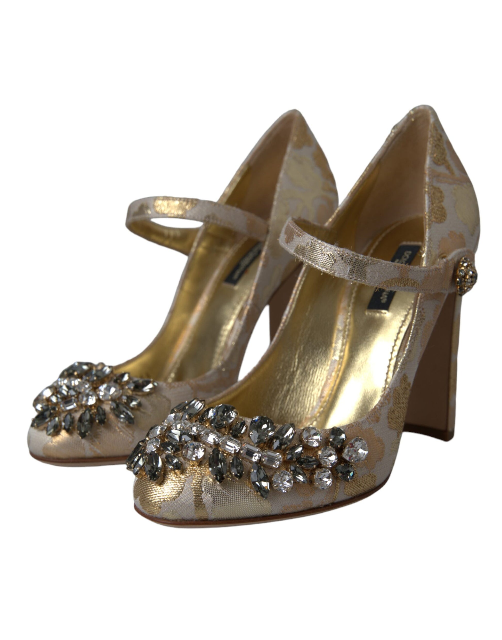 Gold Jacquard Crystal Mary Janes Pumps Shoes-Dolce & Gabbana-LabelTerrace.com