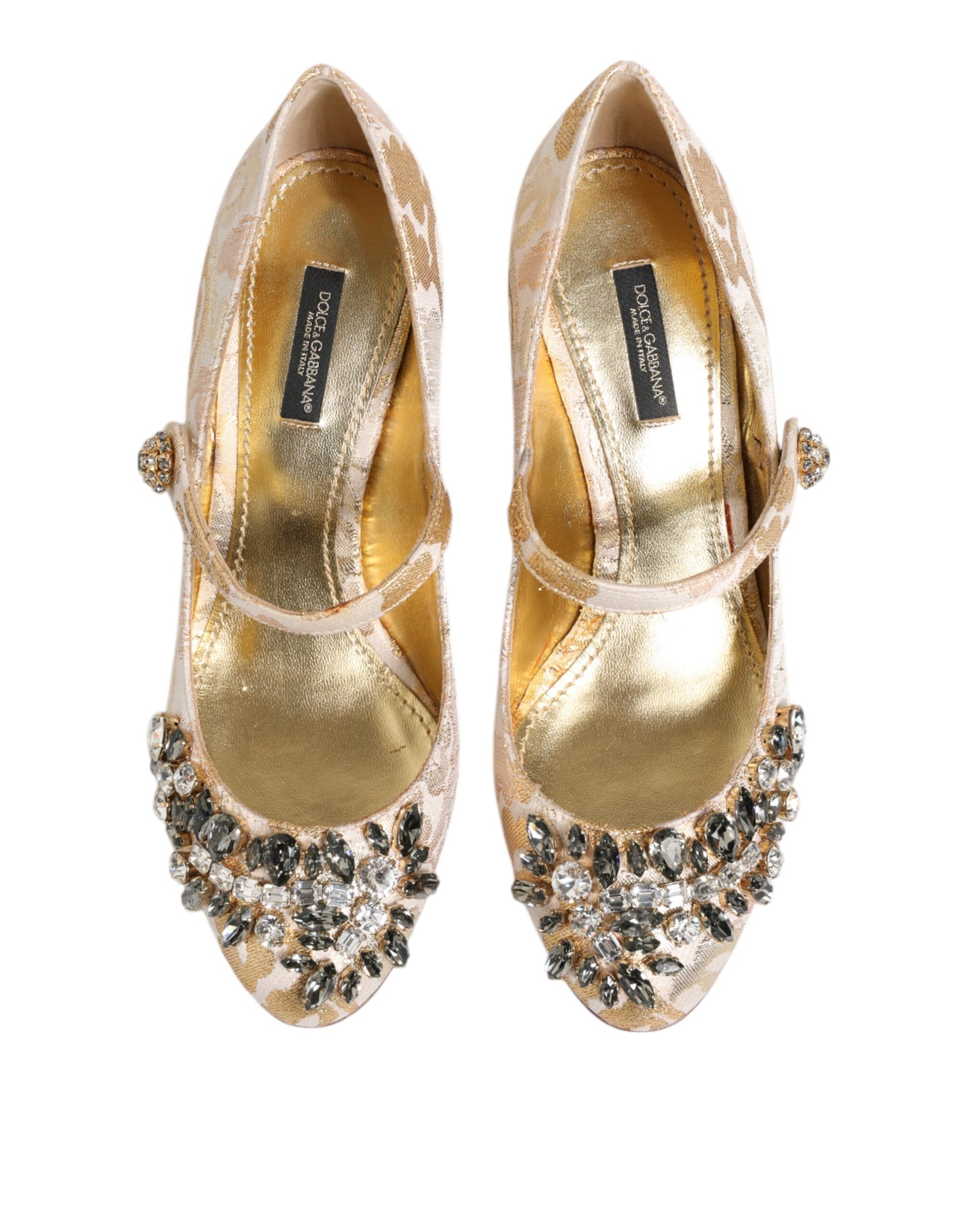 Gold Jacquard Crystal Mary Janes Pumps Shoes-Dolce & Gabbana-LabelTerrace.com