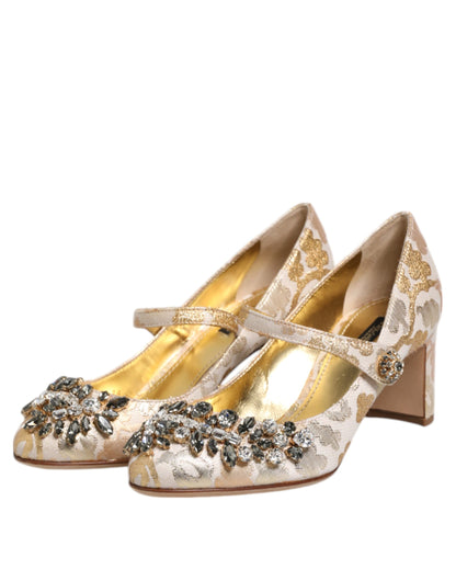 Gold Jacquard Crystal Mary Janes Pumps Shoes-Dolce & Gabbana-LabelTerrace.com