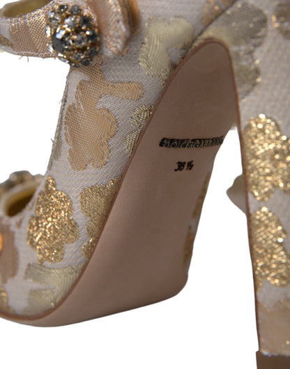 Gold Jacquard Crystal Mary Janes Pumps Shoes-Dolce & Gabbana-LabelTerrace.com