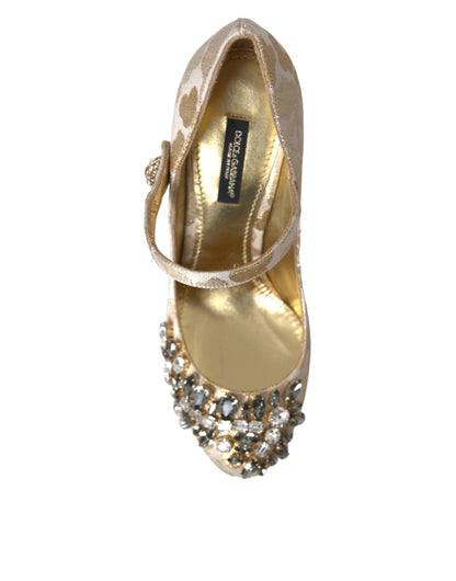 Gold Jacquard Crystal Mary Janes Pumps Shoes-Dolce & Gabbana-LabelTerrace.com