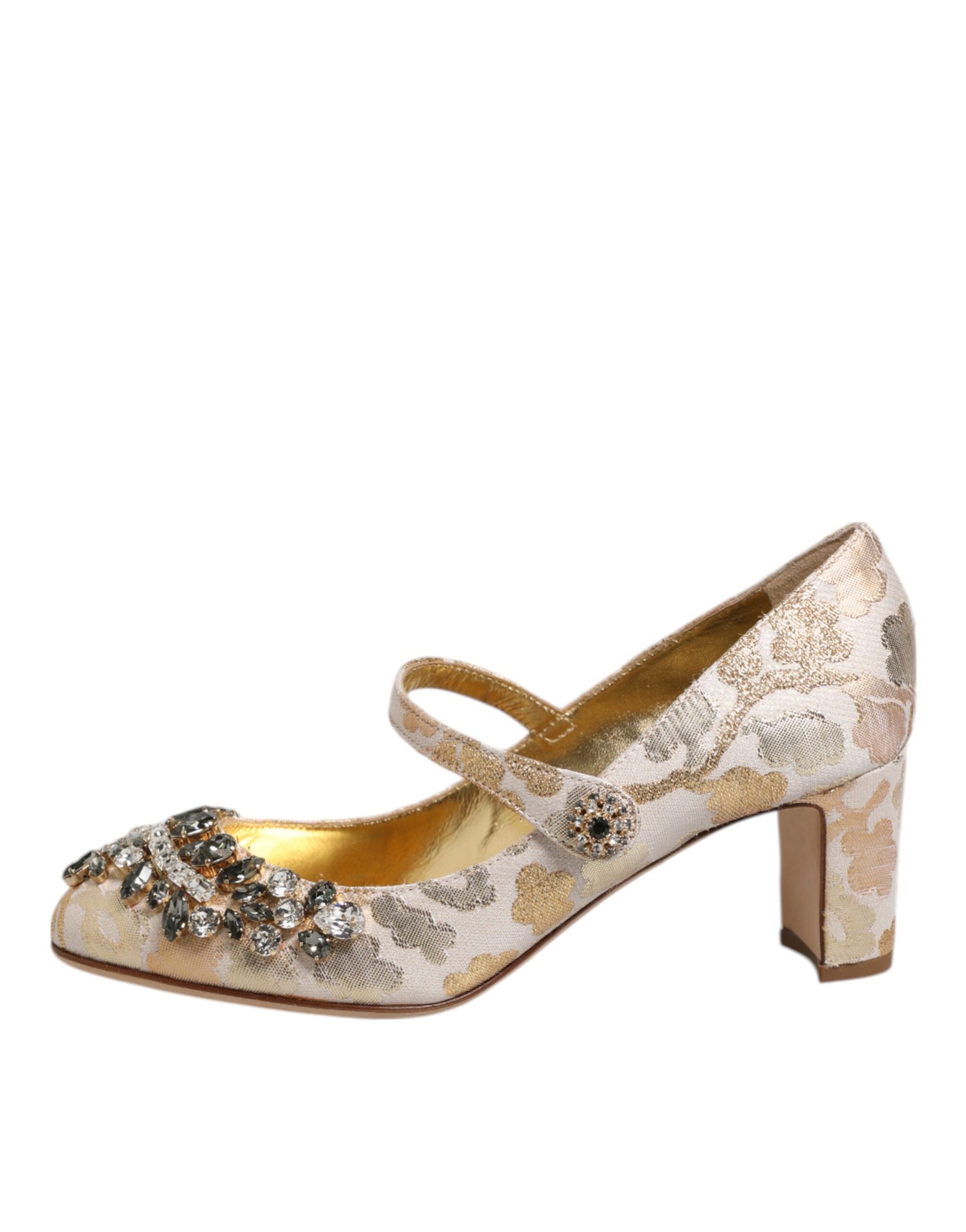 Gold Jacquard Crystal Mary Janes Pumps Shoes-Dolce & Gabbana-LabelTerrace.com