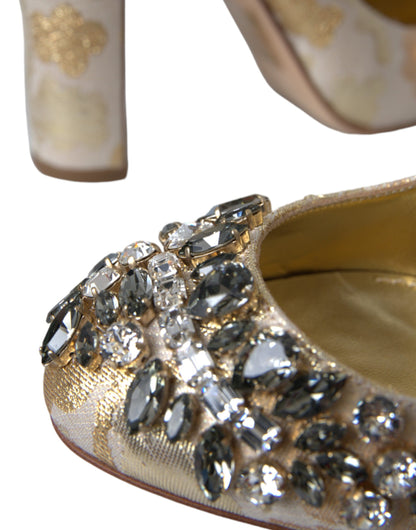 Gold Jacquard Crystal Mary Janes Pumps Shoes-Dolce & Gabbana-LabelTerrace.com