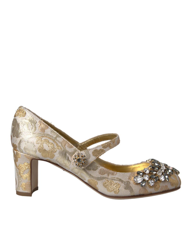 Gold Jacquard Crystal Mary Janes Pumps Shoes-Dolce & Gabbana-LabelTerrace.com