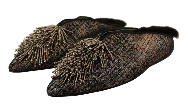 Gold Jacquard Leather Embellished Slip On Shoes-Paola D'Arcano-LabelTerrace.com
