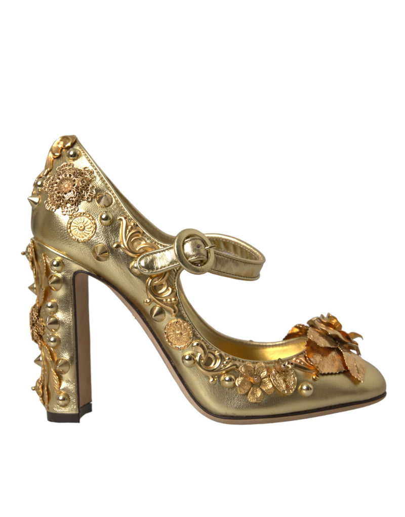 Gold Leather Crystal Mary Janes Pumps Shoes-Dolce & Gabbana-LabelTerrace.com