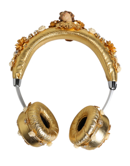 Gold Leather Floral Crystal Angel Headset Headphones-Dolce & Gabbana-LabelTerrace.com
