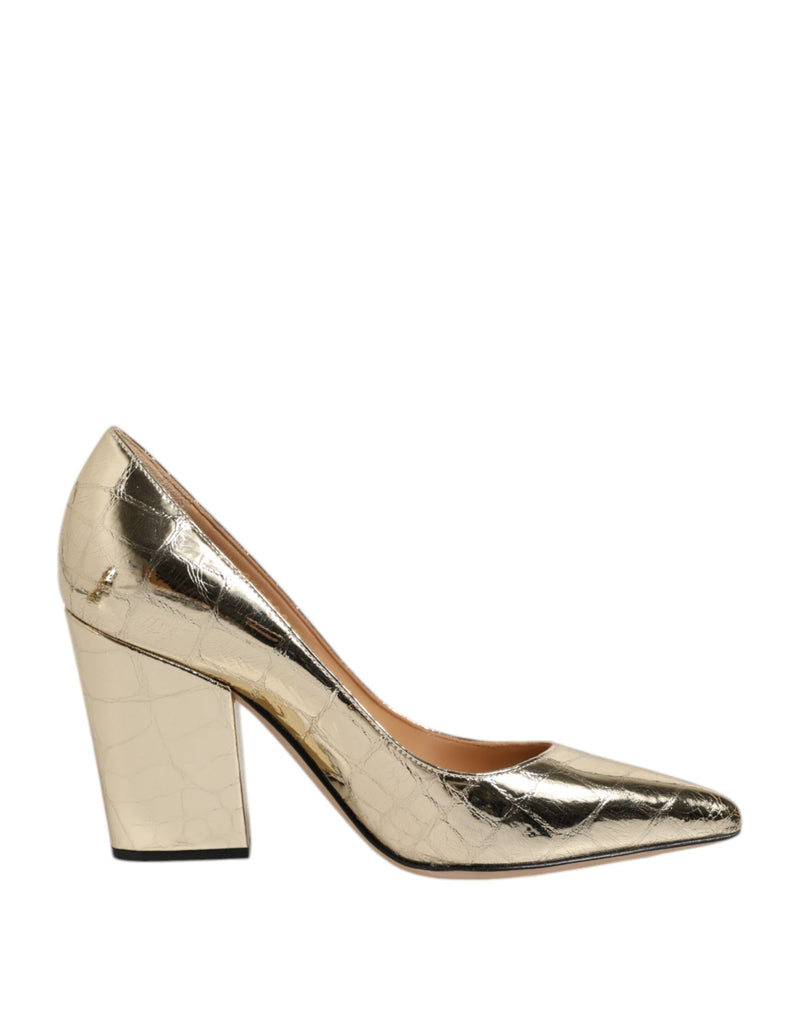 Gold Leather Pointed Toe Block Heels Shoes-Sergio Rossi-LabelTerrace.com