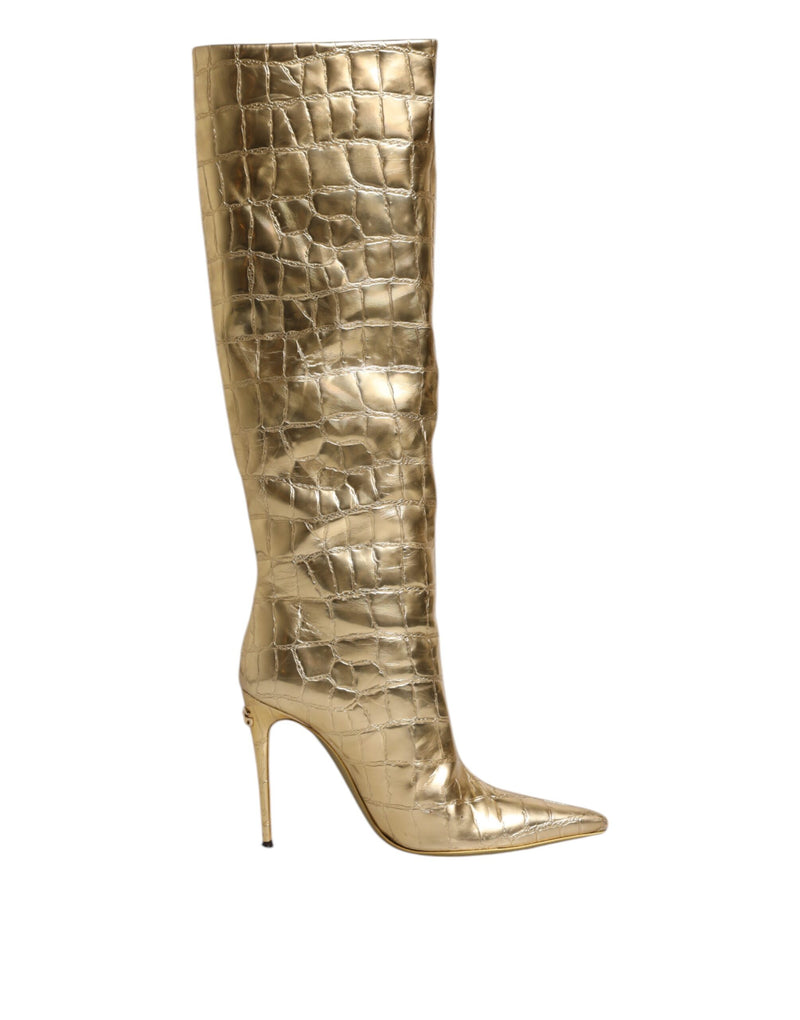 Gold Leather Stiletto Heels High Boots Shoes-Dolce & Gabbana-LabelTerrace.com