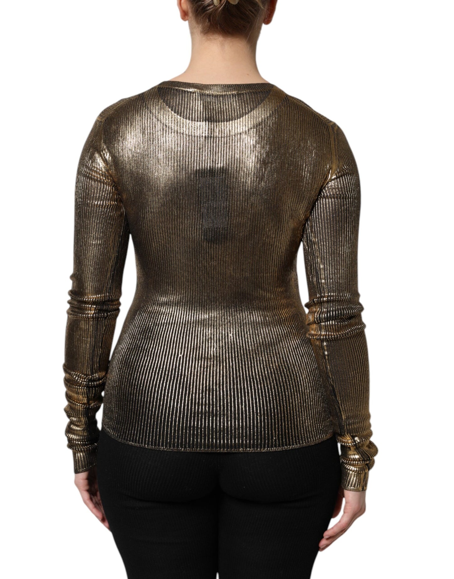 Gold Round Neck Long Sleeve Pullover Top-Dolce & Gabbana-LabelTerrace.com