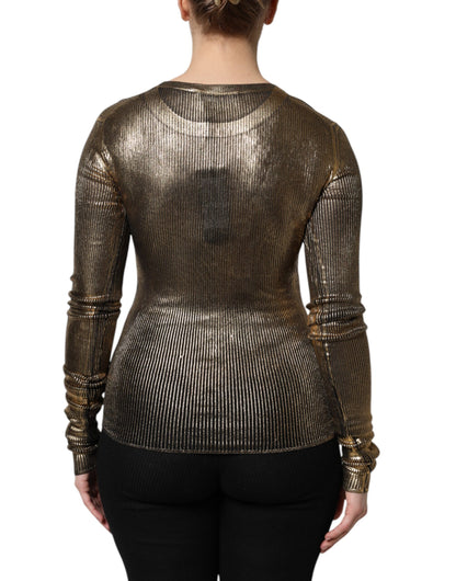 Gold Round Neck Long Sleeve Pullover Top-Dolce & Gabbana-LabelTerrace.com