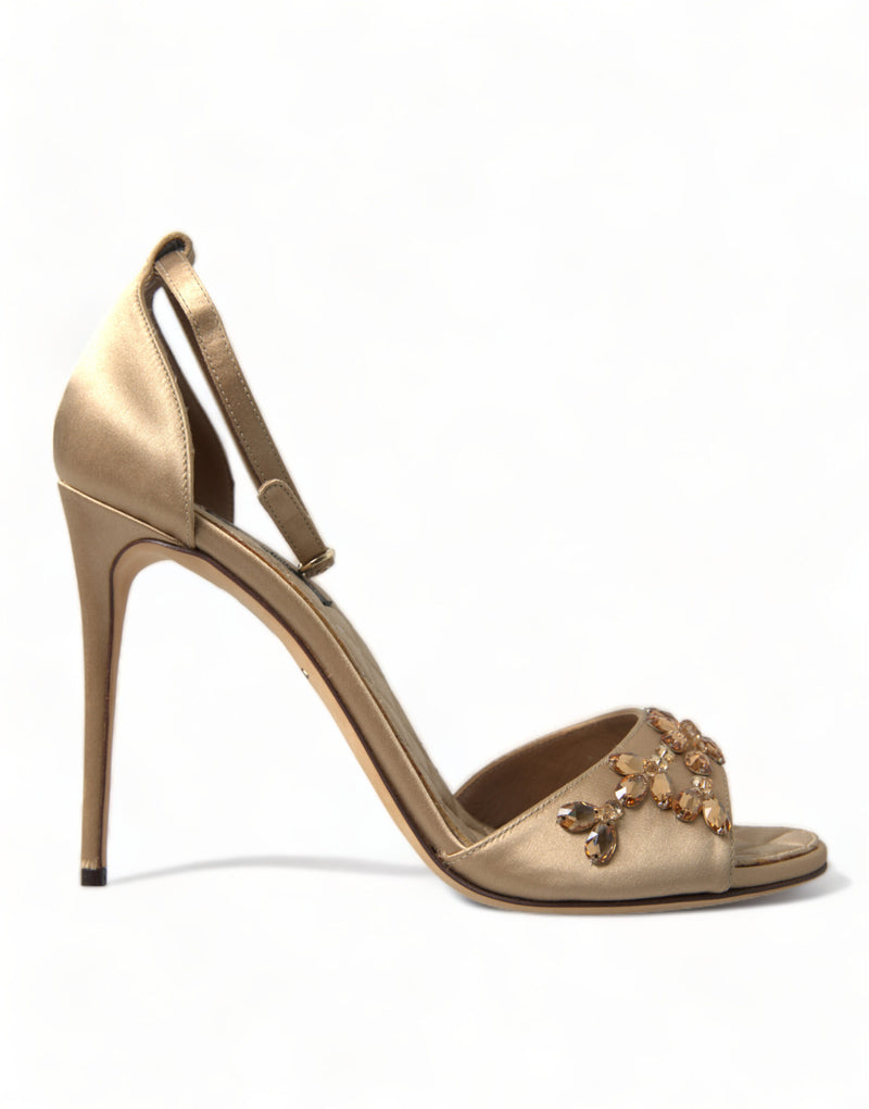 Gold Satin Ankle Strap Crystal Sandals Shoes-Dolce & Gabbana-LabelTerrace.com