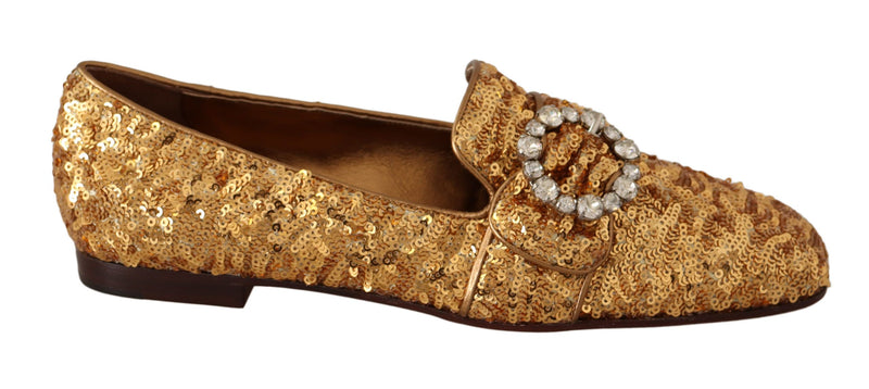 Gold Sequin Crystal Flat Women Loafers Shoes-Dolce & Gabbana-LabelTerrace.com