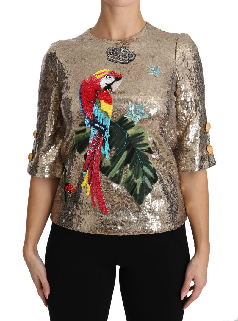Gold Sequined Parrot Crystal Blouse-Dolce & Gabbana-LabelTerrace.com