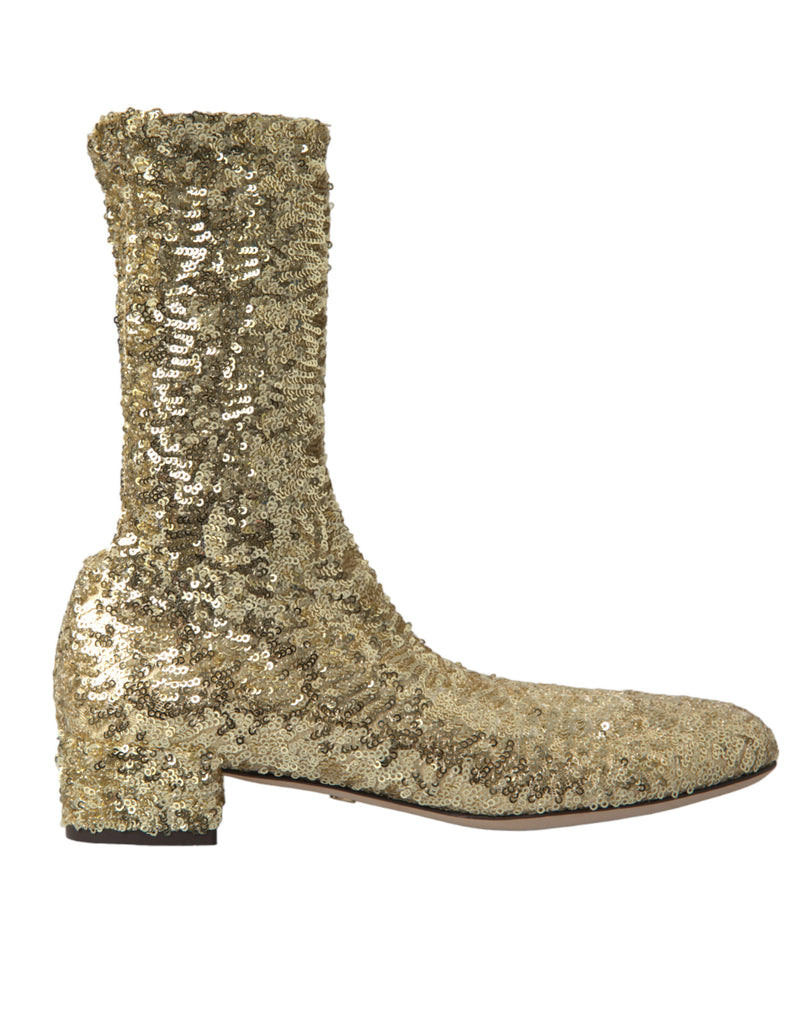 Gold Sequined Short Boots Stretch Shoes-Dolce & Gabbana-LabelTerrace.com