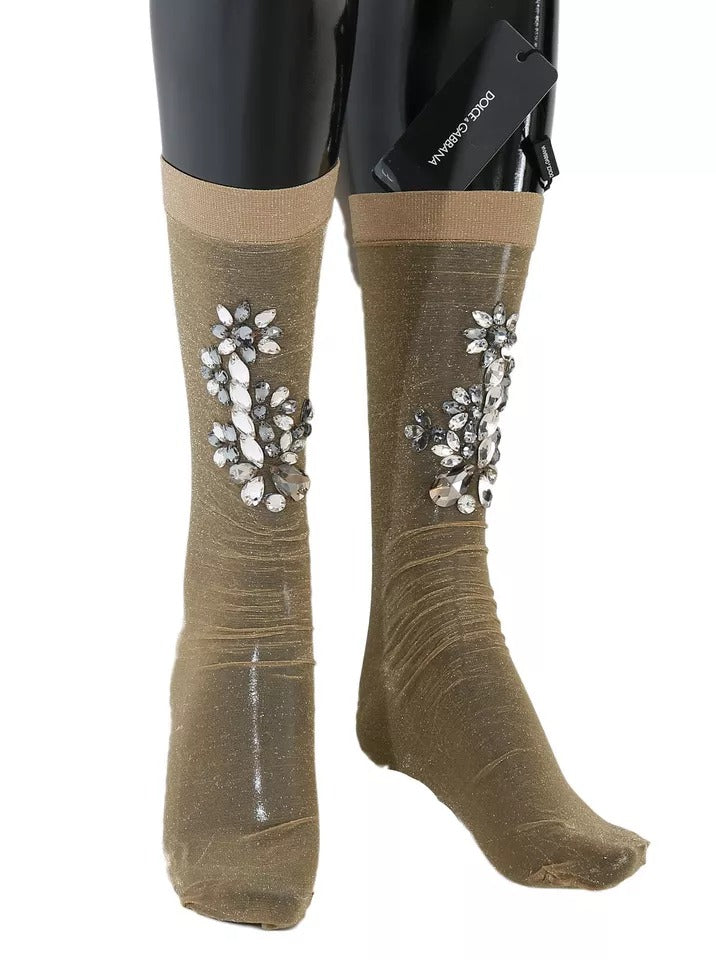 Gold Stretch Floral Clear Crystal Stocking Socks-Dolce & Gabbana-LabelTerrace.com