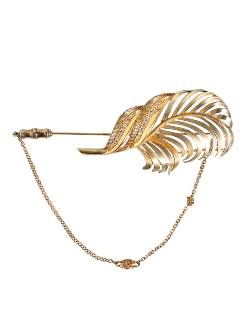 Gold Tone 925 Sterling Silver Leaf Crystal Chain Brooch-Dolce & Gabbana-LabelTerrace.com
