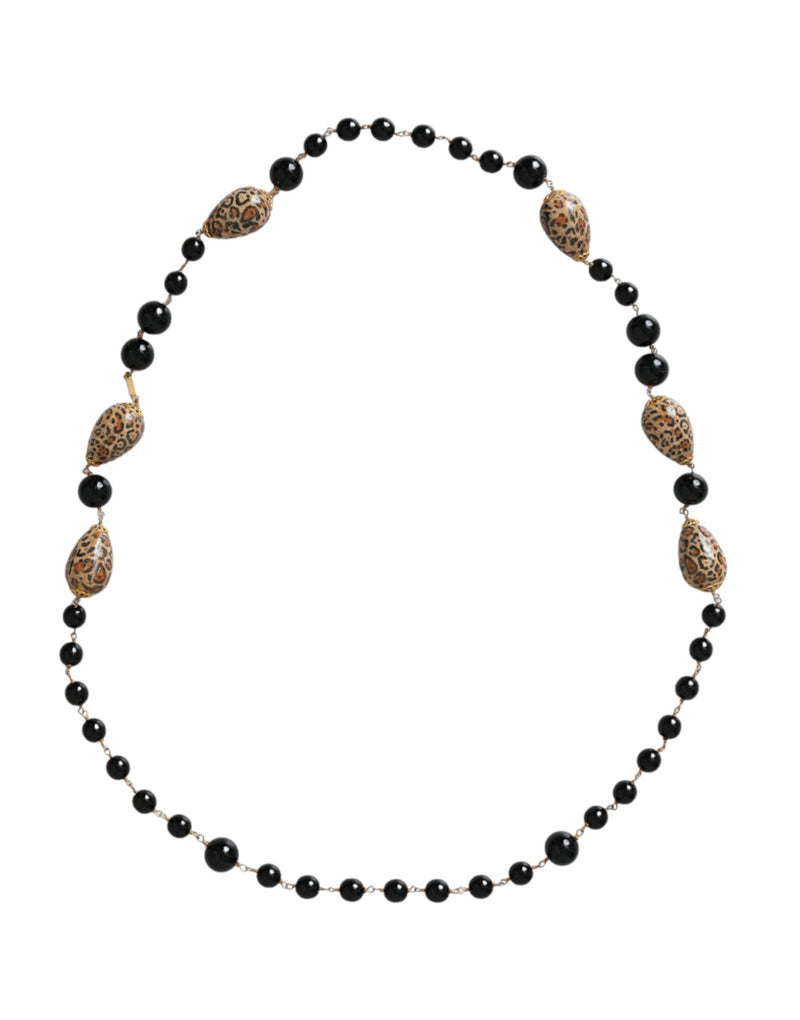 Gold Tone Brass Black Printed Beaded Long Chain Necklace-Dolce & Gabbana-LabelTerrace.com