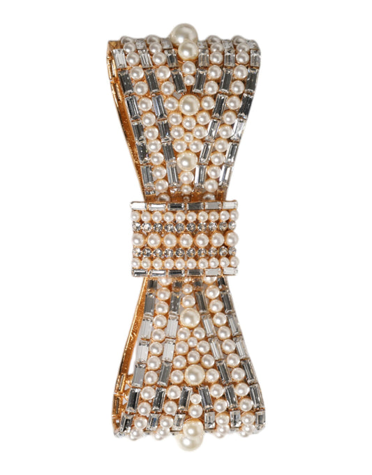 Gold Tone Brass Bow Crystal FauxPearl Embellished Brooch-Dolce & Gabbana-LabelTerrace.com