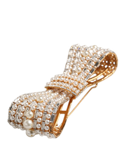 Gold Tone Brass Bow Crystal FauxPearl Embellished Brooch-Dolce & Gabbana-LabelTerrace.com
